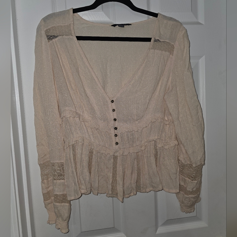 American Eagle Outfitters Cream Blouse with Button Detail